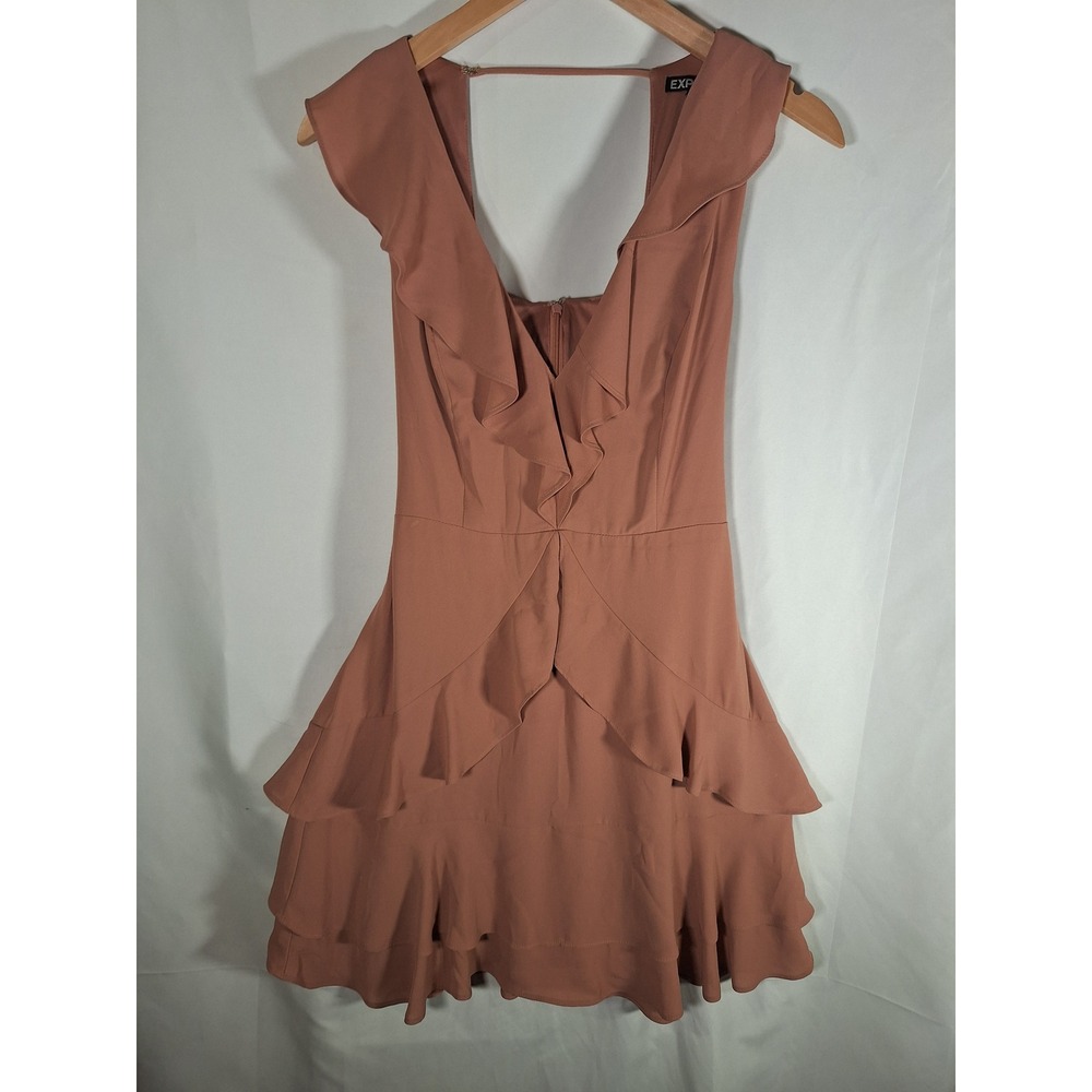 Express Ruffle Tiered Fit & Flare Dress Terracotta Mauve Size 6 V-Neck Tie Back